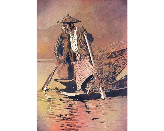 Leg-rower Intha fishermen on Inle Lake, Myanmar.  Watercolor painting of Inta Fishermen on Inle Lake, Burma artwork.  Original painting