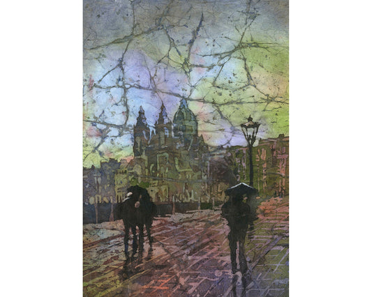 Painting of Amsterdam, Netherlands. Watercolor batik painting artwork Amsterdam landscape art church batik painting sunset decor Netherlands (print)