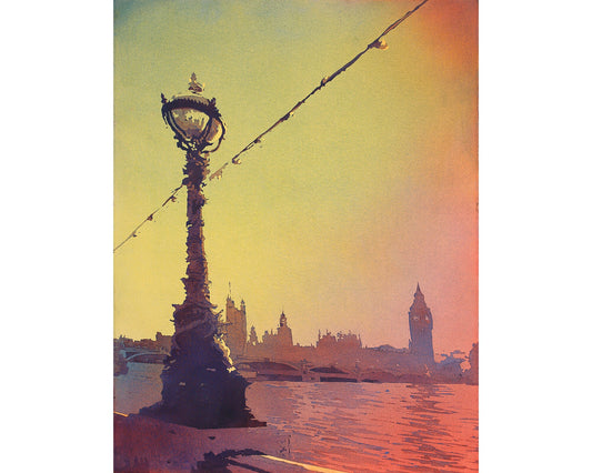 Watercolor painting of Big Ben of Houses of Parliament silhouetted on banks of River Thames- London, United Kingdom.  Big Ben artwork decor (print)