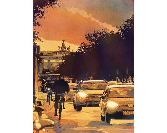 Puerta de Brandenburgo en Berlín, Alemania al atardecer. Pintura de acuarela Puerta de Brandenburgo Obras de arte de Berlín Arte de Alemania obras de arte coloridas Decoración de Berlín (impresión)