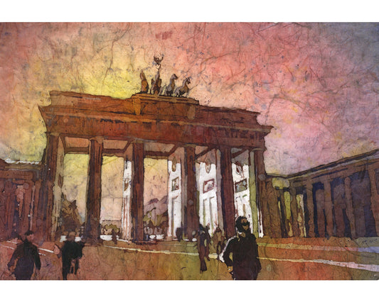 Watercolor batik painting of Brandenburg Gate at sunset in the city of Berlin- Germany, Europe.  Watercolor batik colorful sunset Berlin art