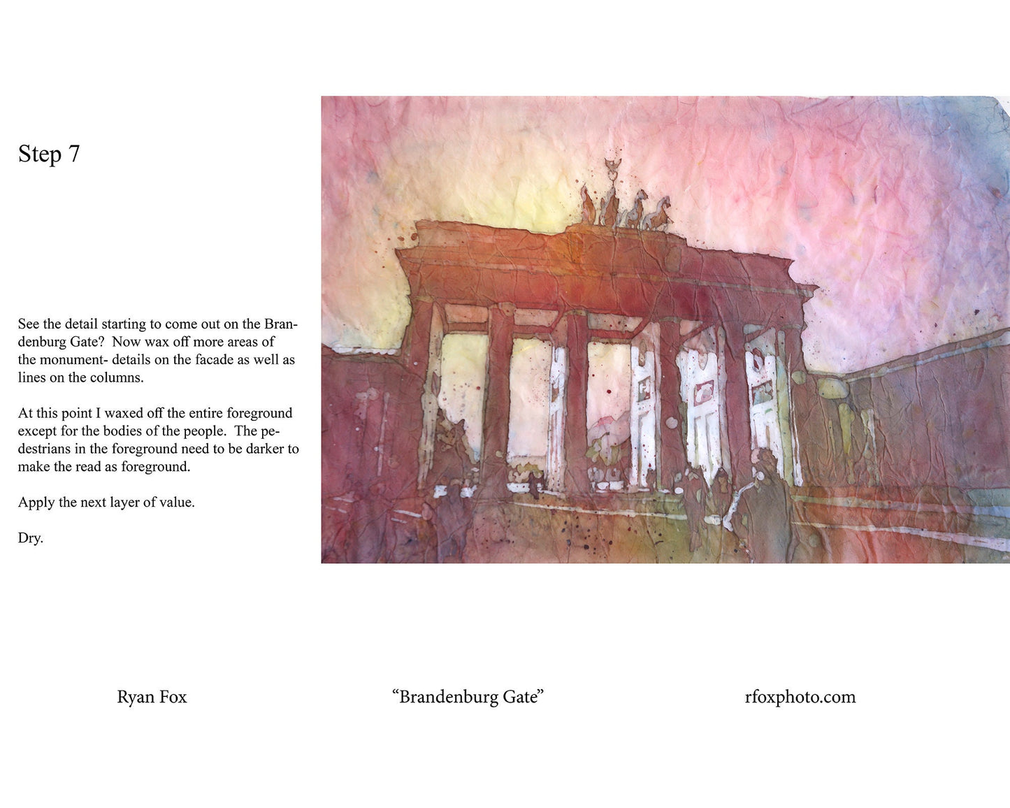 Watercolor batik tutorial lesson.  Brandenburg Gate watercolor batik painting tutorial, art lesson PDF painting lesson batik art Germany art
