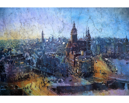Domes of St. Nicholas and skyline of downtown medieval Amsterdam, Netherlands at sunset.