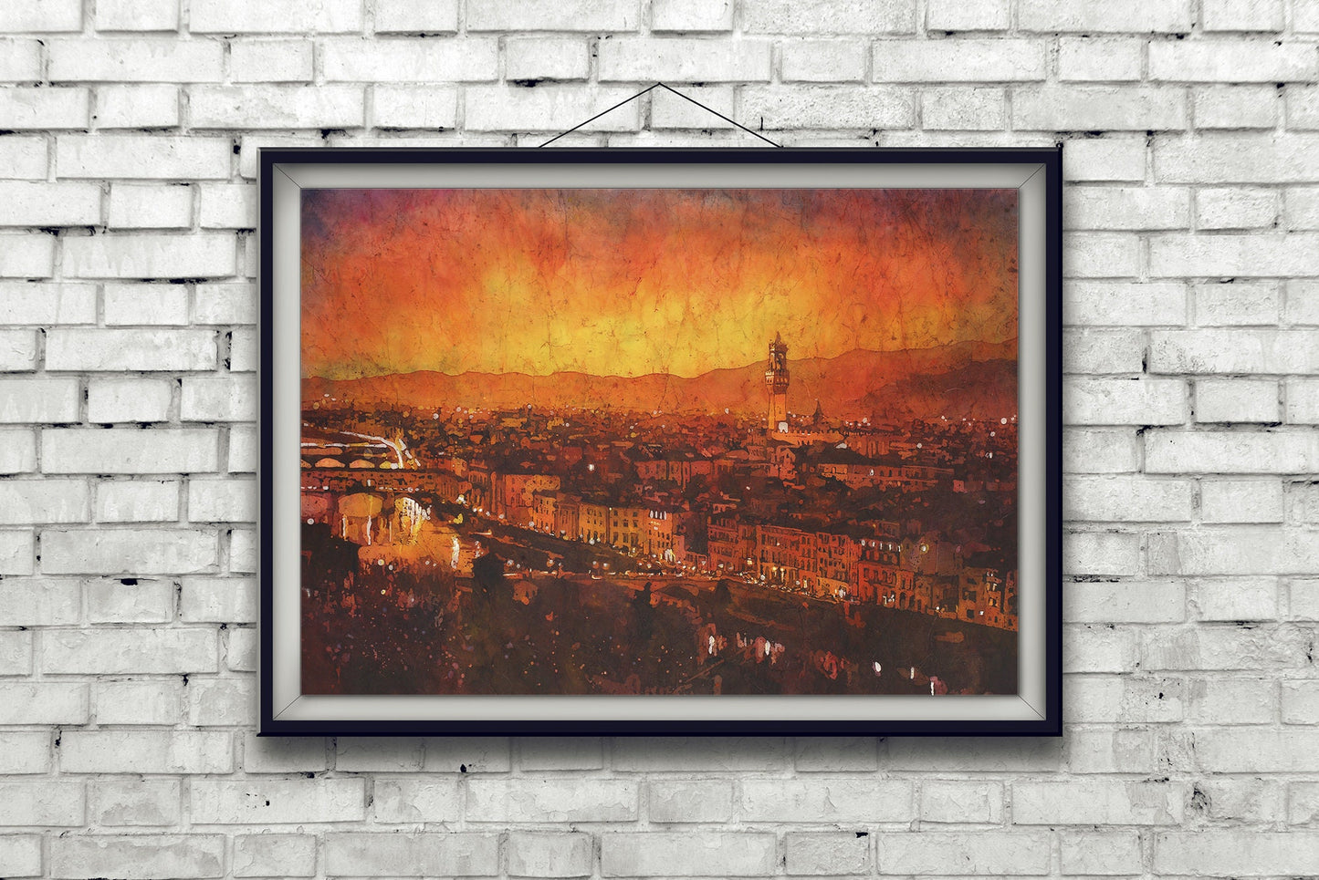 Florence skyline painting.  Palazzo and Ponte Vecchio in Florence, Italy at sunset.  Watercolor batik painting orange sunset Italy artwork (print)