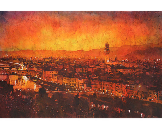 Florence skyline painting.  Palazzo and Ponte Vecchio in Florence, Italy at sunset.  Watercolor batik painting orange sunset Italy artwork (print)