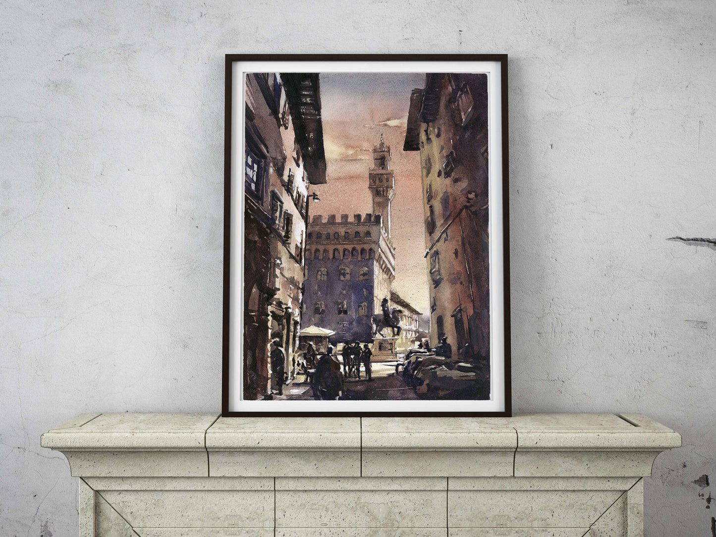 Palazzo Vecchio in the medieval city of Florence, Italy.   Watercolor Florence painting fine art Firenze skyline Italy decor watercolor art (print)