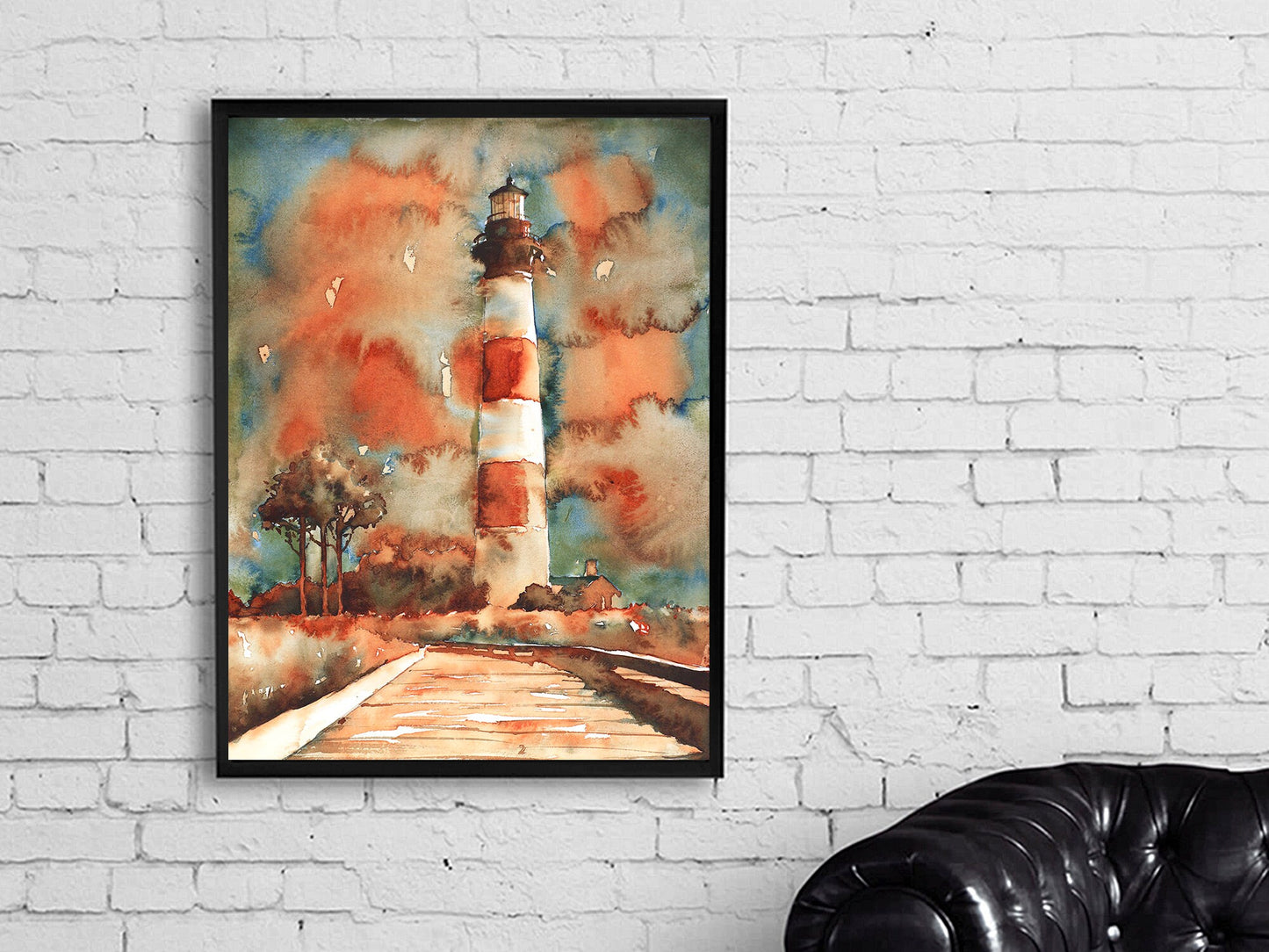 Bodie Island lighthouse- Outer Banks (OBX), NC.  North Carolina lighthouse Outer Banks artwork painting watercolor OBX lighthouse orange (print)