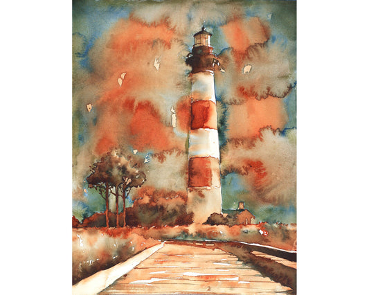 Bodie Island lighthouse- Outer Banks (OBX), NC.  North Carolina lighthouse Outer Banks artwork painting watercolor OBX lighthouse orange (print)