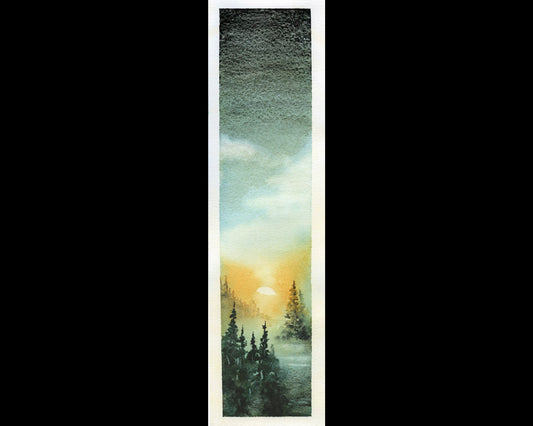 Green sunset watercolor landscape.  Fine watercolor of sunset with evergreen trees.  Landscape painting fine art green yellow (print)