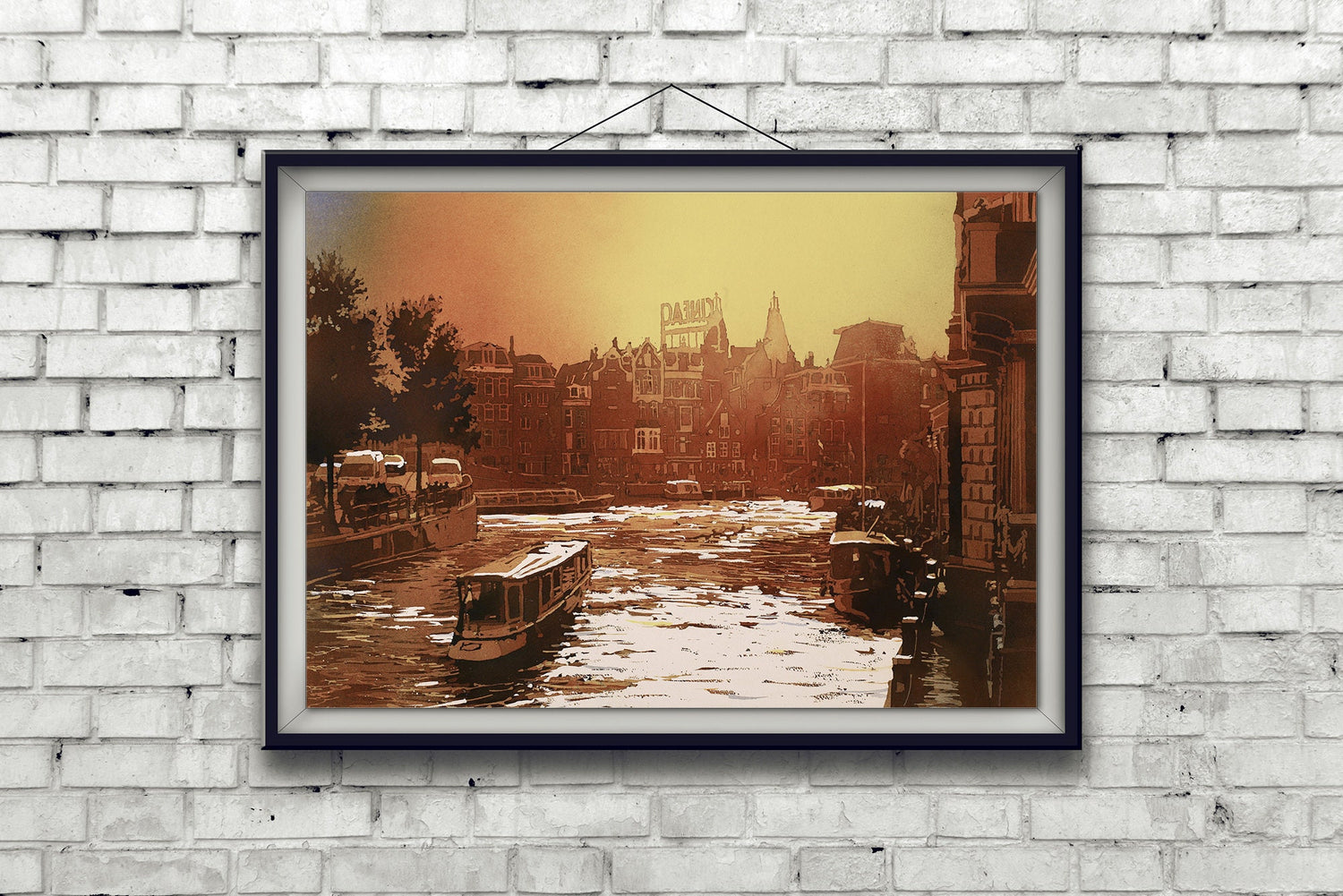 Amsterdam Netherlands colorful sunset skyline artwork painting