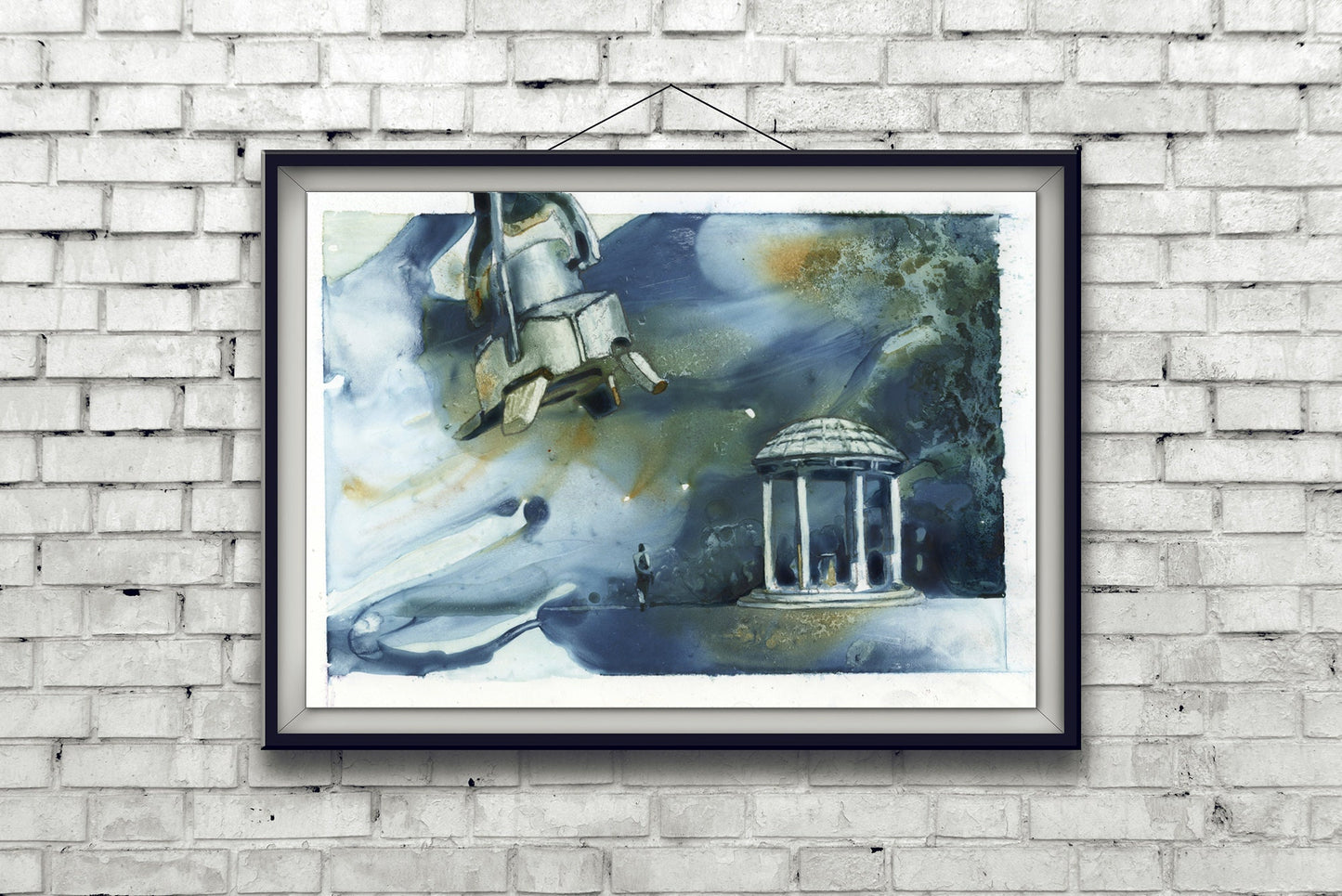 UNC Old Well in Chapel Hill being attacked by robot foot- North Carolina.  Watercolor painting UNC Well NC university robot attack funny (print)