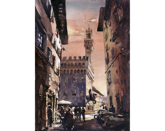 Palazzo Vecchio in the medieval city of Florence, Italy.   Watercolor Florence painting fine art Firenze skyline Italy decor watercolor art (print)