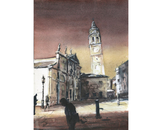 Venice, Italy leaning tower- watercolor painting. The leaning tower of Venice, Italy artwork church belltower watercolor art Venice painting