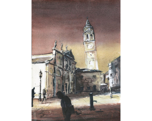 Hand-painted Venice Italy artwork with warm sunset light over historic architecture and gondolas.