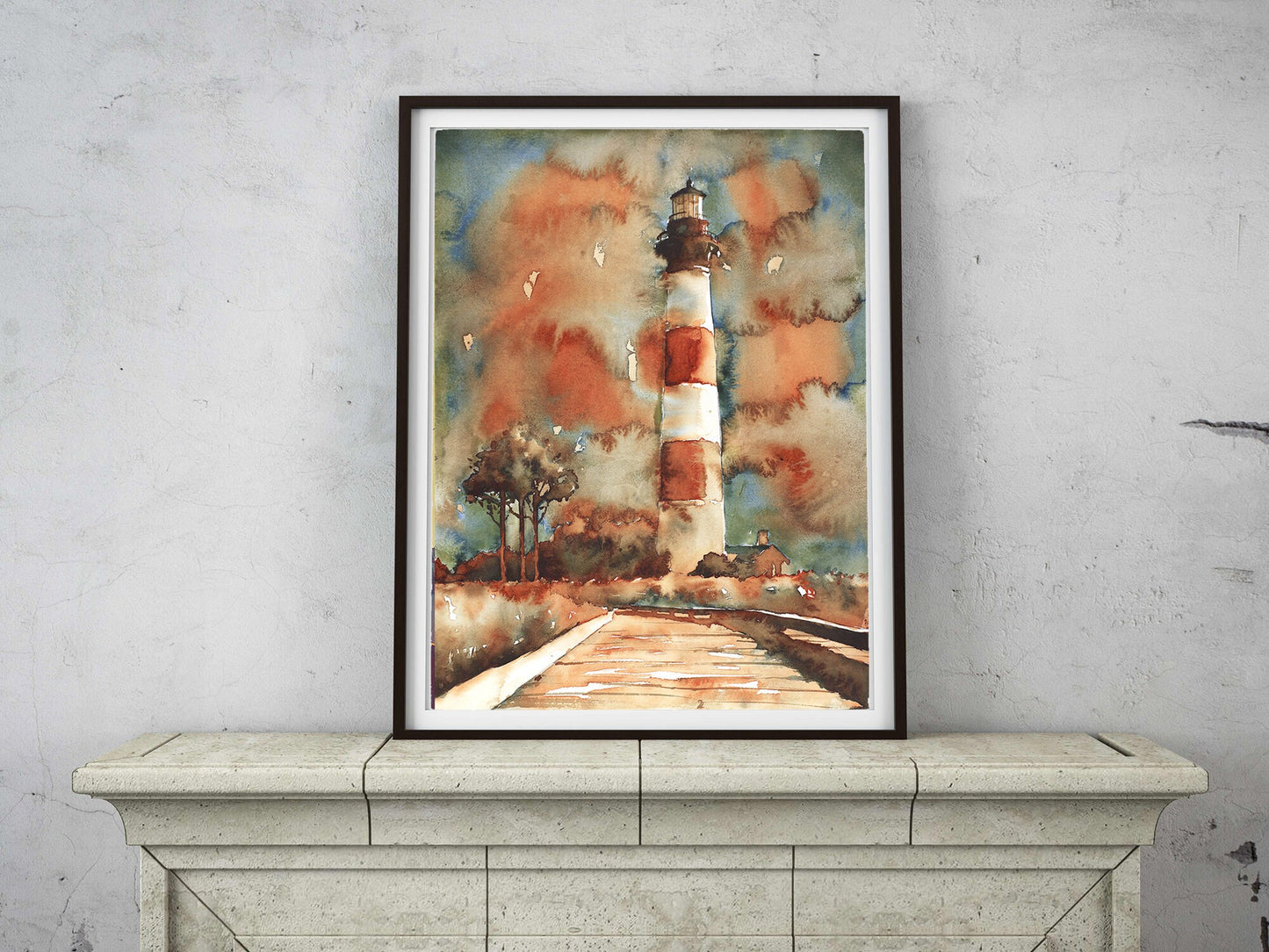 Bodie Island lighthouse- Outer Banks (OBX), NC.  North Carolina lighthouse Outer Banks artwork painting watercolor OBX lighthouse orange (print)