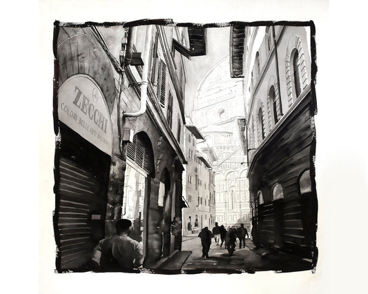 Duomo rising above city streets in Florence, Italy.  Florence fine art painting B&W art Italy decor watercolor print giclee Florence art (print)