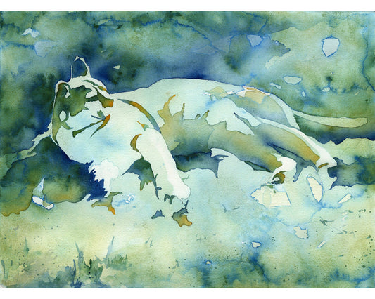 Cougar lying on ground.  Watercolor painting of cougar fine art watercolor painting big cat wildlife art painting green blue artwork (print)