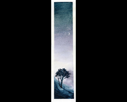 Watercolor landscape. Fine watercolor of moonlit landscape and moon.  Landscape painting fine art purple home decor art blue purple wall art (print)