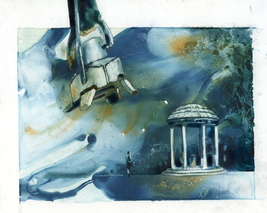 Original watercolor painting of UNC’s iconic Old Well, surrounded by lush landscape, a great addition to university artwork collections and graduation gift ideas.