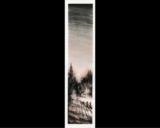 Pintura de paisaje acuarela al atardecer del bosque. Pintura de acuarela de pinos, pintura de paisaje bellas artes acuarela decoración del hogar gris rojo (impresión)