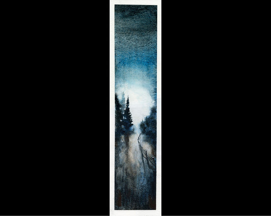 Acuarela de bosque de paisaje azul. Paisaje pinos al atardecer acuarela arte decoración del hogar pintura colorida pared arte azul paisaje árbol (impresión)