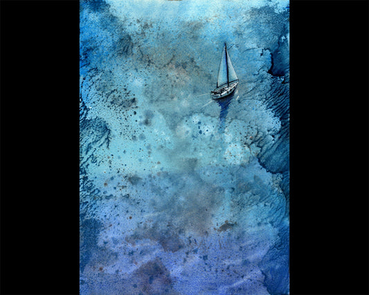 Painting of boat sailing over sparkling blue waters of ocean.  Boat art watercolor painting ocean decor blue artwork nautical artwork ocean (print)