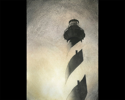 Cape Hatteras Lighthouse on Outer Banks, NC.  B&W painting of Caper Hatteras lighthouse home decor OBX lighthouse artwork yellow painting (print)