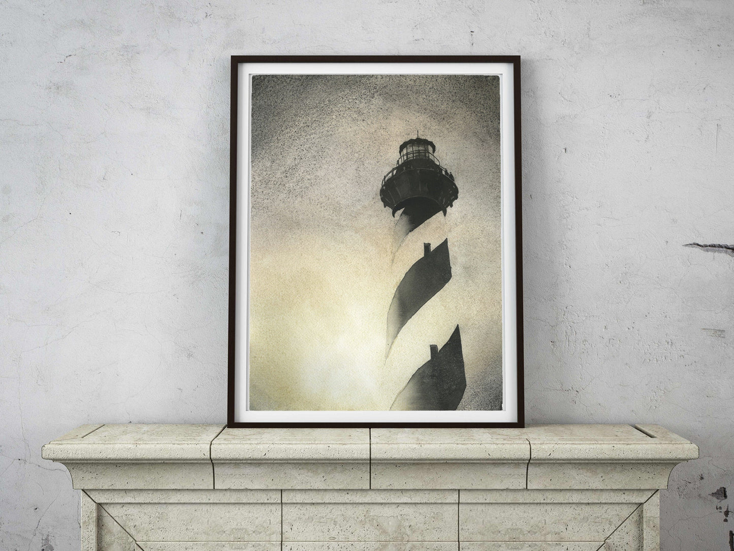 Cape Hatteras Lighthouse on Outer Banks, NC.  B&W painting of Caper Hatteras lighthouse home decor OBX lighthouse artwork yellow painting (print)