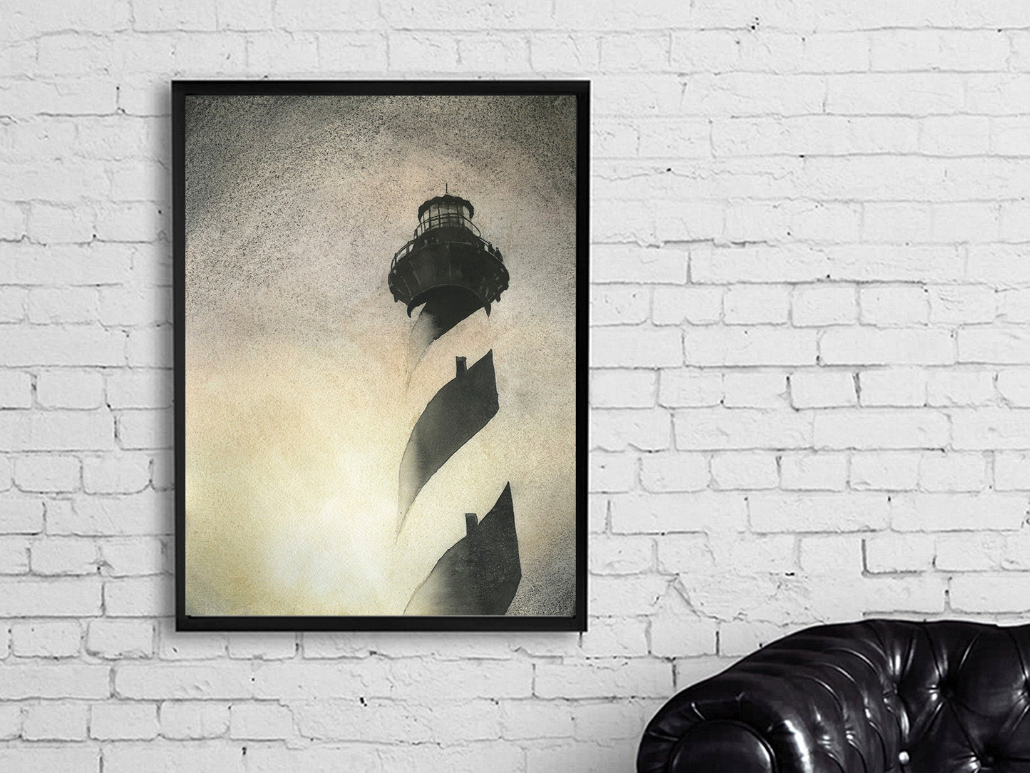 Cape Hatteras Lighthouse on Outer Banks, NC.  B&W painting of Caper Hatteras lighthouse home decor OBX lighthouse artwork yellow painting (print)