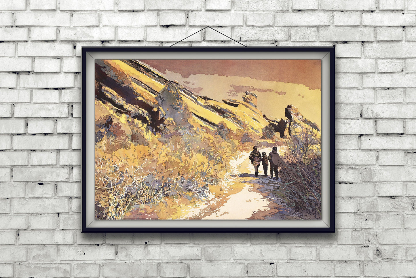 Red Rocks park in Denver, Colorado.  Watercolor painting of Red Rocks amphitheater in Denver wall art colorful painting red artwork decor