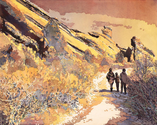 Red Rocks park in Denver, Colorado.  Watercolor painting of Red Rocks amphitheater in Denver wall art colorful painting red artwork decor