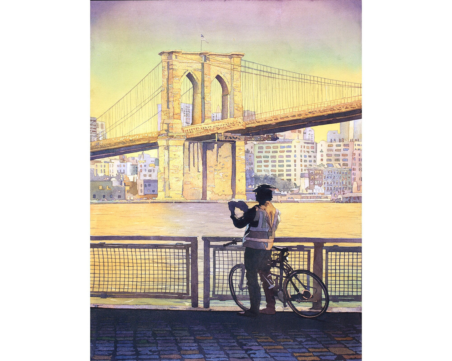 Brooklyn Bridge in New York City.  Watercolor painting of Brooklyn Bridge in NYC colorful artwork New York City skyline art