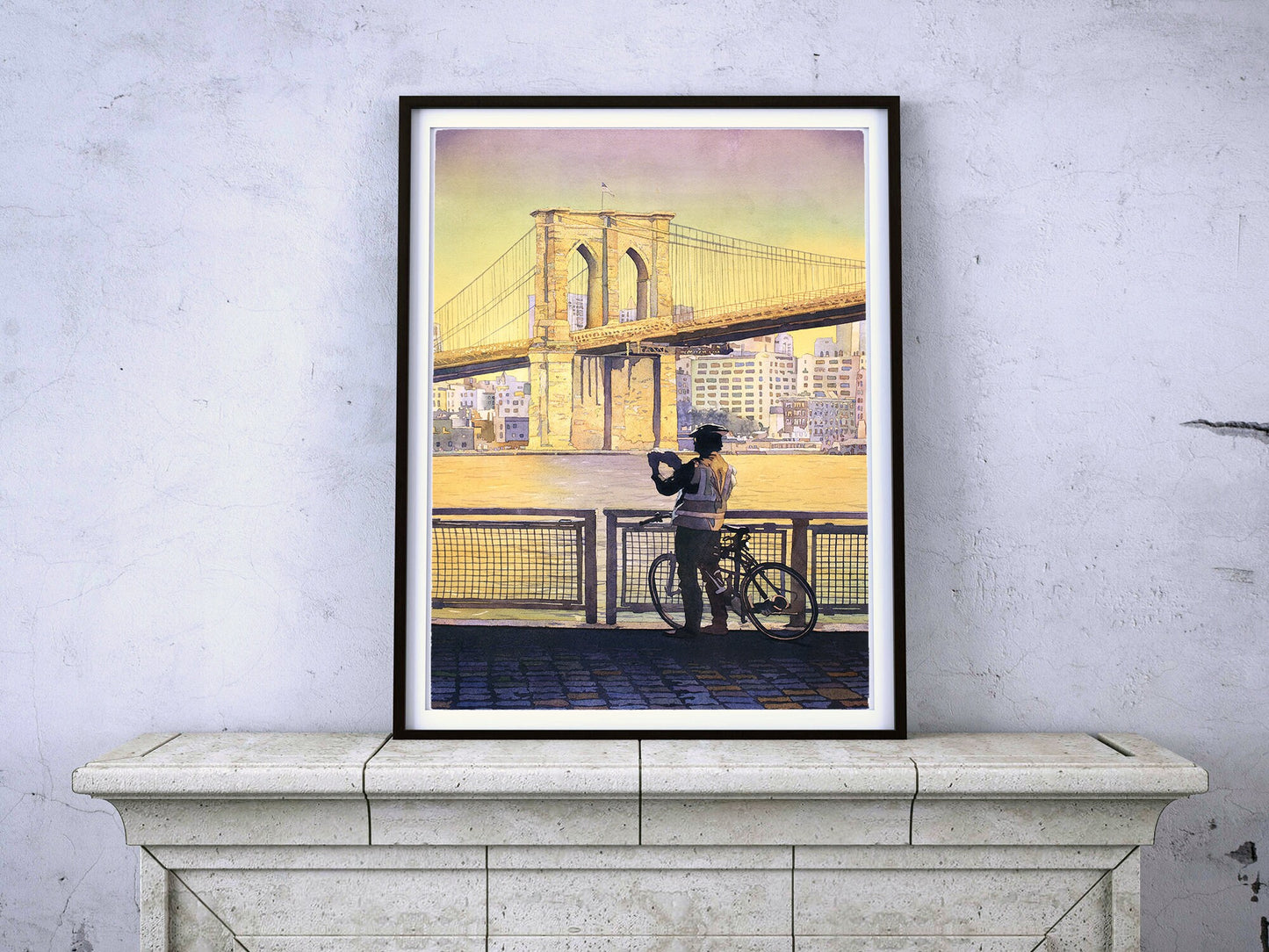 Brooklyn Bridge in New York City. Watercolor painting of Brooklyn Bridge in NYC colorful artwork New York City skyline art (print)