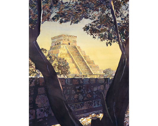 Mayan ruins at Chichen Itza, in the Yucatan Peninsula- Mexico watercolor painting.   Chichen Itza watercolor painting colorful (print)
