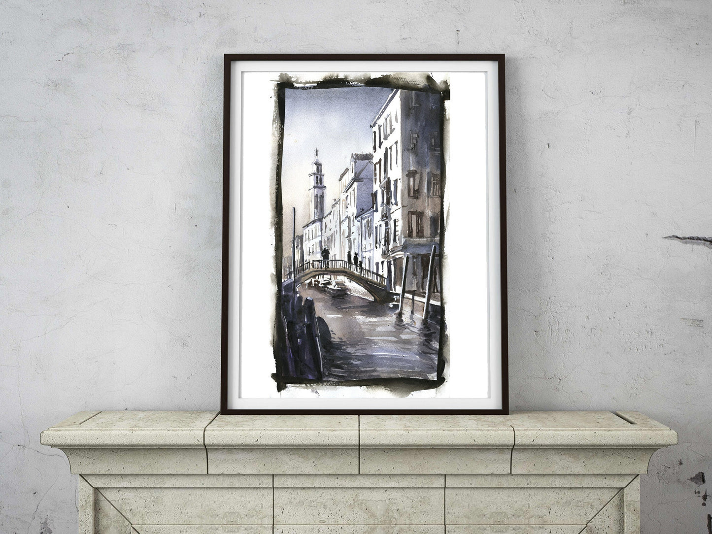 Venice, Italy canal & church watercolor painting art.  Fine art watercolor Venice artwork Italy painting bridge Venice skyline Italian art (print)