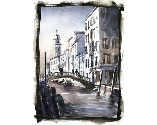 Venice Italy landscape painting with gondolas, church silhouettes, and glowing sunset skies.