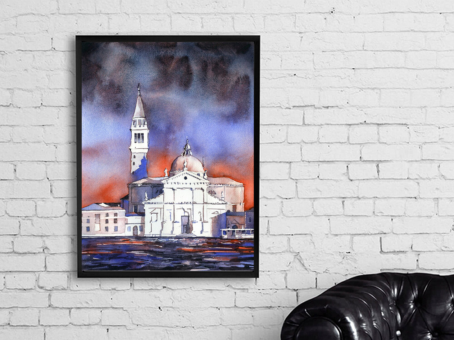 Church of San Giorgio Maggiore in Venice, Italy.  Colorful Venice church watercolor painting orange blue artwork Italy Venice (print)