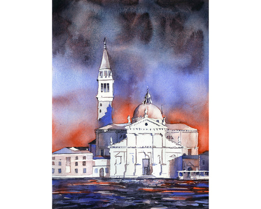 Church of San Giorgio Maggiore in Venice, Italy.  Colorful Venice church watercolor painting orange blue artwork Italy Venice (print)