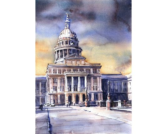 Texas Capitol at sunset in city of Austin, Texas.  Austin skyline artwork Capitol 19th century watercolor painting sunrise (print)