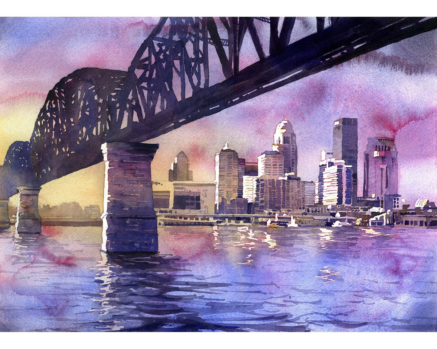 Louisville, KY skyline at sunset.  Watercolor painting of Louisville, Kentucky skyline at sunset fine art painting