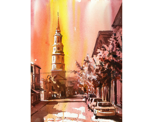 Downtown Charleston, SC at sunset.  Charleston watercolor painting church artwork colorful giclee print Charleston skyline artwork (print)