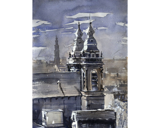 Skyline of downtown medieval Amsterdam, Netherlands at sunset. Amsterdam artwork print Netherlands watercolor print fine art Amsterdam