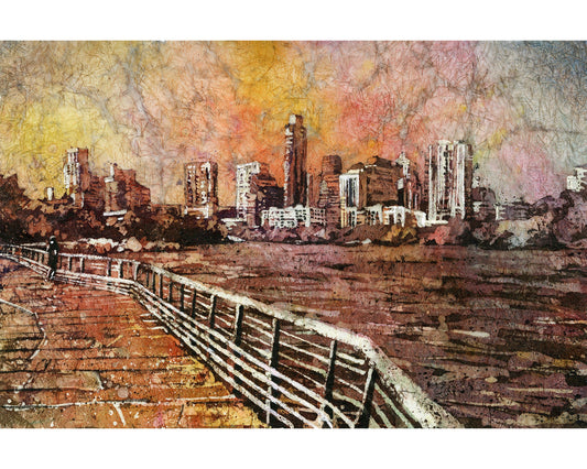 Austin, TX skyline rising above Colorado River at sunset.  Austin watercolor batik painting Texas fine art batik