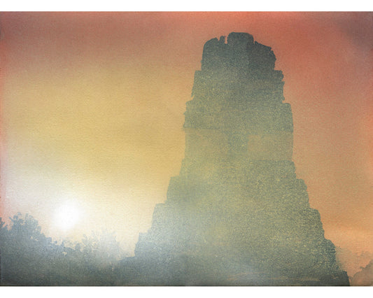 Mayan temple in the archaeological park of Tikal in Guatemala. Sunrise Tikal fine art painting Mayan ruins colorful wall art Guatemala (print)