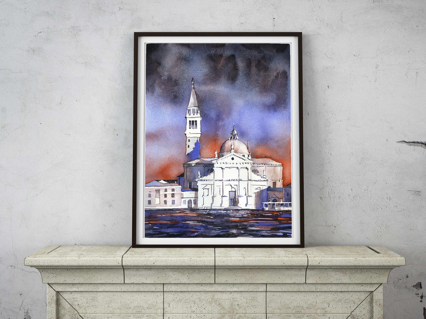 Church of San Giorgio Maggiore in Venice, Italy.  Colorful Venice church watercolor painting orange blue artwork Italy Venice (print)