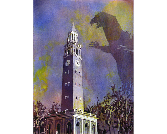 UNC college belltower being attacked by monster at dusk- Chapel Hill.  Original watercolor painting. Monster artwork Chapel Hill NC painting