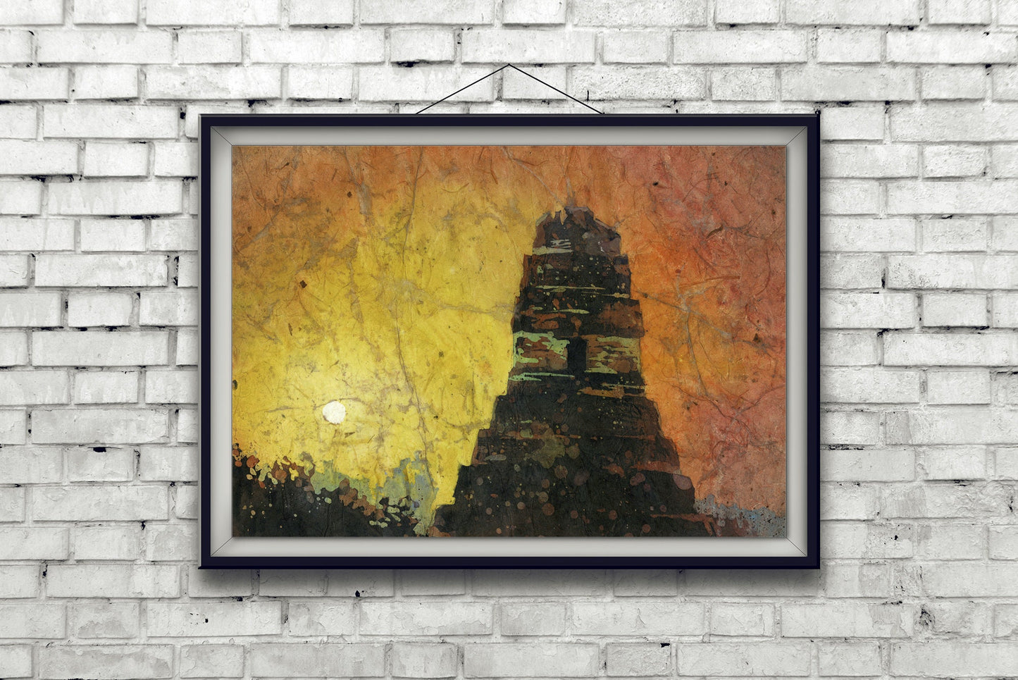 Mayan temple in the archaeological park of Tikal in Guatemala.  Sunrise Tikal fine art painting watercolor batik sunset Guatemala Tikal (print)