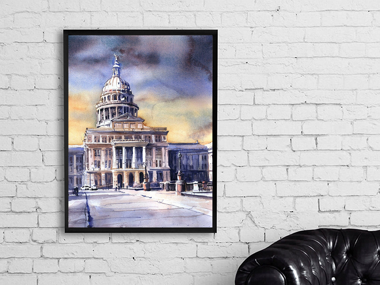 Texas Capitol at sunset in city of Austin, Texas.  Austin skyline artwork Capitol 19th century watercolor painting sunrise (print)