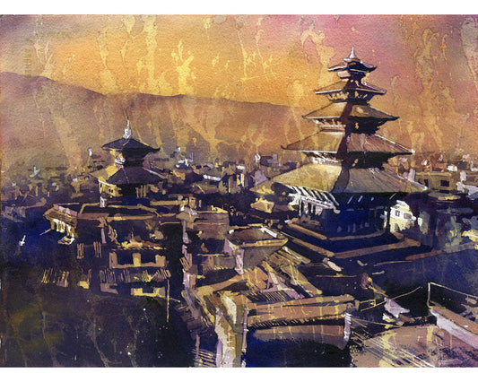 Templo Nyatapola al atardecer en la ciudad de Bhaktapur (Valle de Katmandú), Nepal. Pintura de acuarela Nepal Valle de Katmandú Templo de Bhaktapur (impresión)