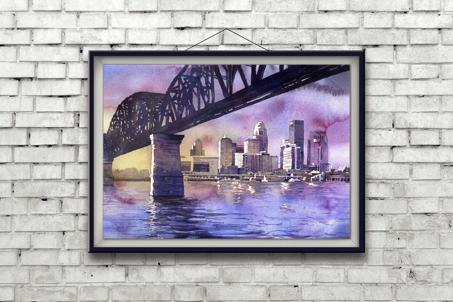 Louisville, KY skyline at sunset.  Watercolor painting of Louisville, Kentucky skyline at sunset fine art painting